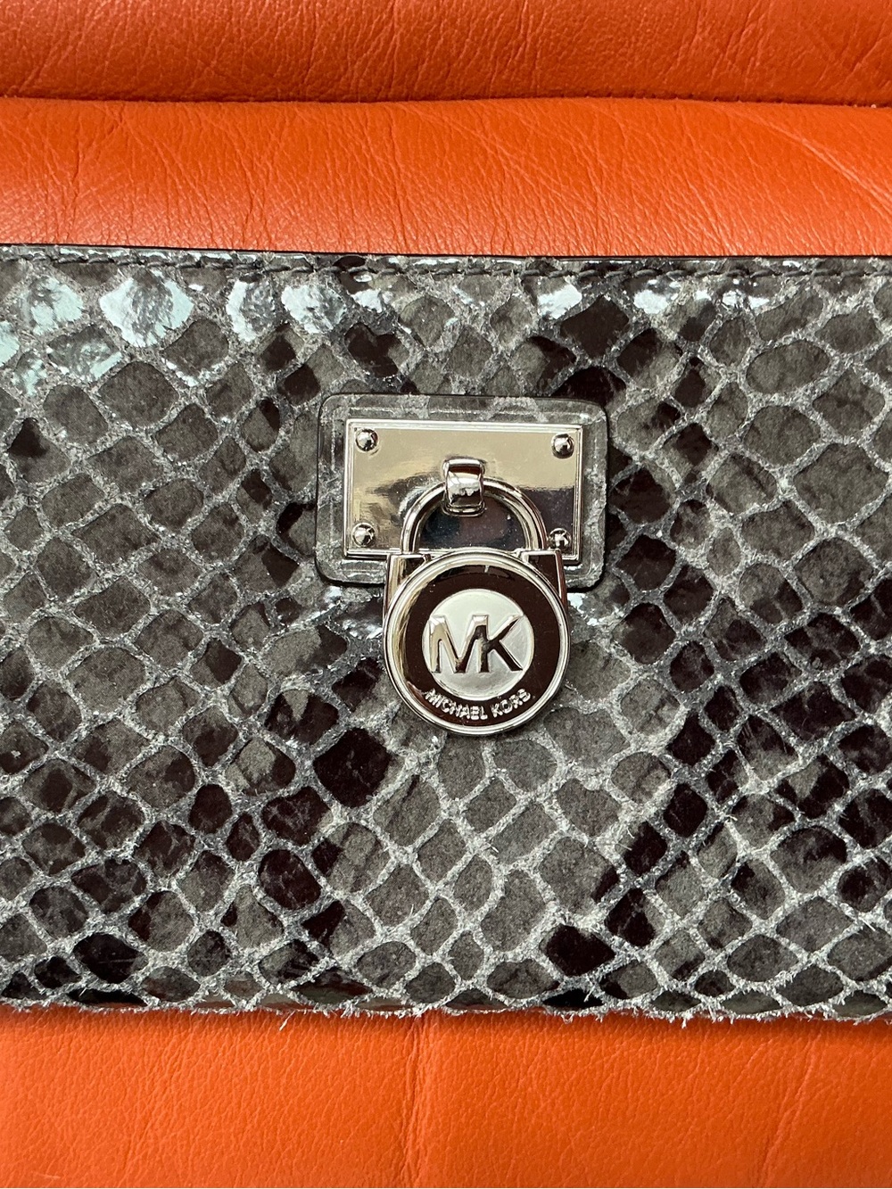Michael Kors Black and Silver Snake-Print Clutch with MK Turn-Lock